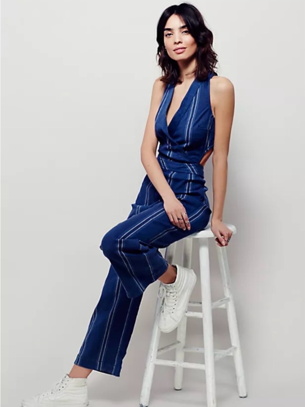 Free People Navy Striped Halter Jumpsuit